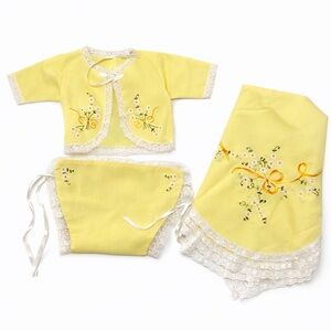 Vintage Baby Layette Set 3 Pc Yellow Embroidered Lace 0-3M
